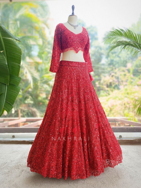 Kavika Red Net Lehenga with Sequin and Cut Dana Work