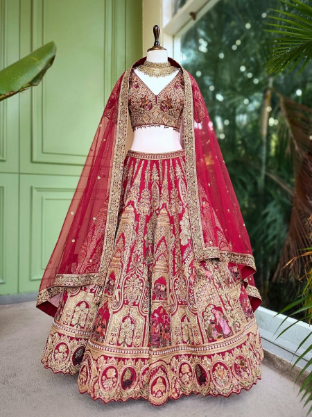 Rajvanshi Red Heritage Bridal Lehenga with Zari and Resham Work