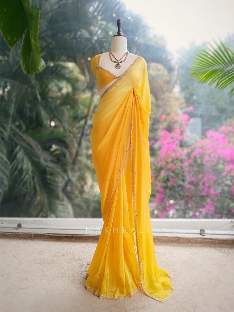 Image of Zyvera Yellow Saree with Cut Dana Edge Work