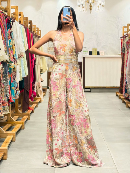 Kavrie Beige Floral Jumpsuit with Embroidery and Mirror Work