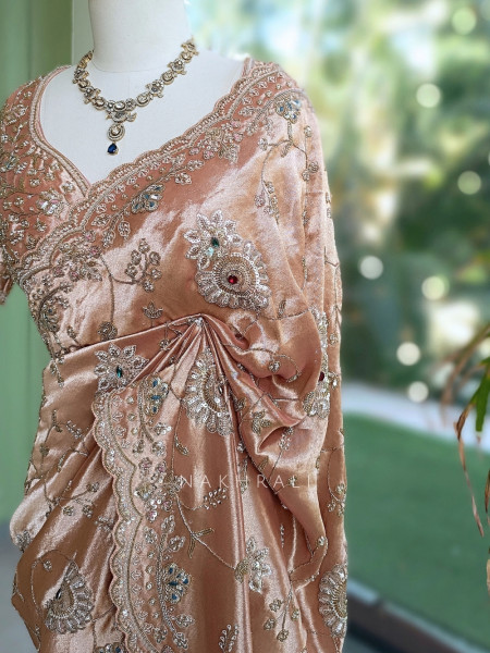 Celestine Peach Crushed Shimmer Silk Tissue & Silk Georgette Blend Saree