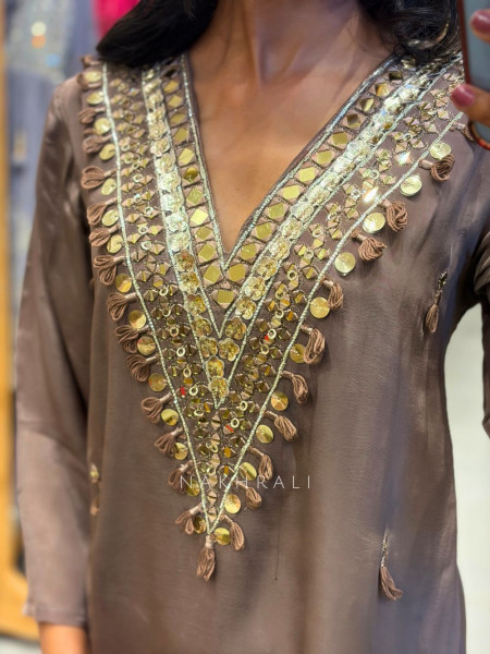 Cavira Brown Kurta Pant Set with Zari Sequin Work