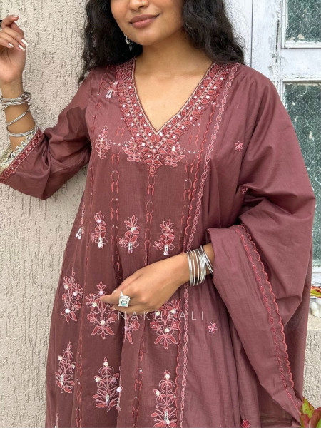 Mrinmayi Wine Pure Mul Cotton Anarkali Suit Set With Thread Embroidery & Mirror Work
