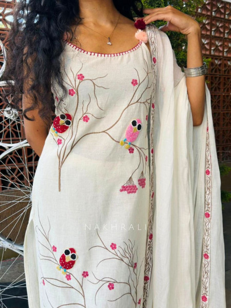 Rivya Cream Cotton Suit Set with Nature Embroidery