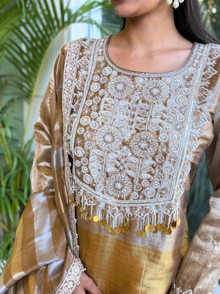 Kanak Golden Kurta Skirt Set with Embroidered Detailing