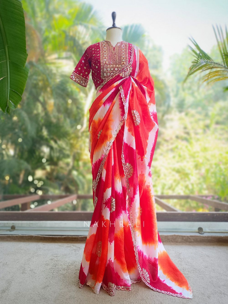 Image of Rangriti Red Leheriya Saree with Sequin Gota Blouse