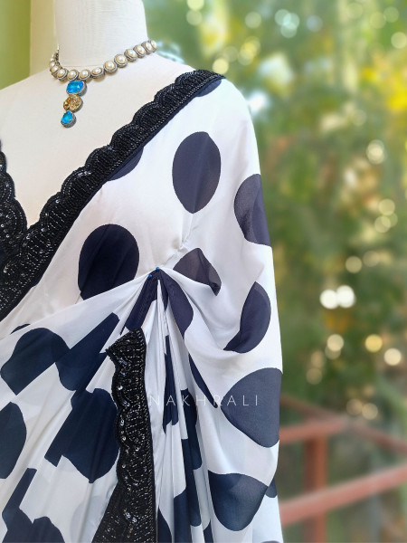 Kavika Black & White Polka Dot Georgette Saree with Lace Border