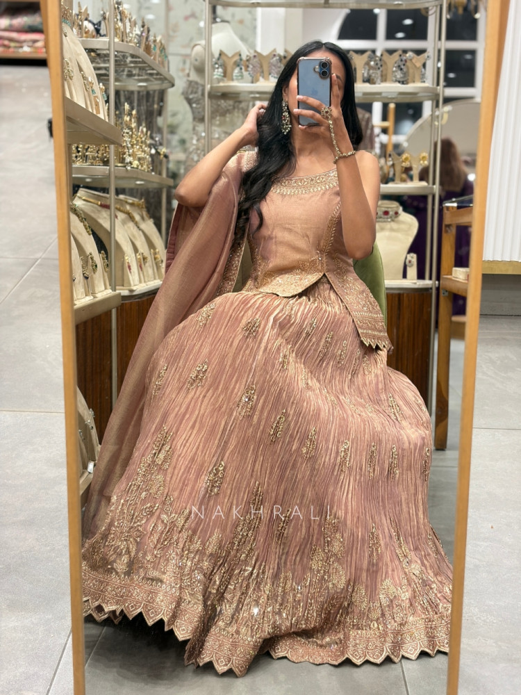Image of Cressida Peach Shimmer Tissue Indo-Western Lehenga