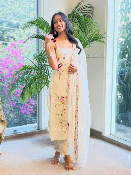 Rivya Cream Cotton Suit Set with Nature Embroidery