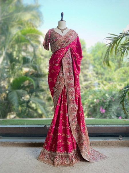 Kaanch-Kaseeda Magenta Saree with Readymade Blouse