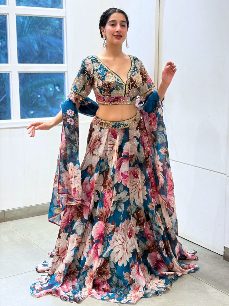 Image of Marjaan Multicolor Organza Silk Floral Printed Lehenga with Zardozi, Cutdana &amp; Sequin Work