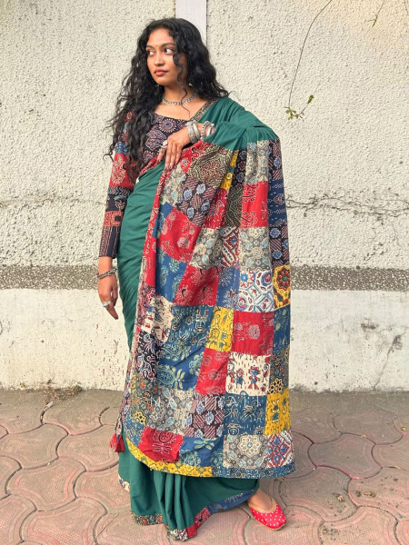 Sootra Green Cotton Saree with Patchwork Border