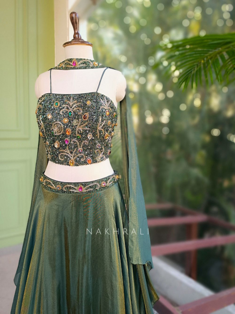 Image of Urban Flare Green Indo-Western Lehenga Set with Cut Dana and Stone Work