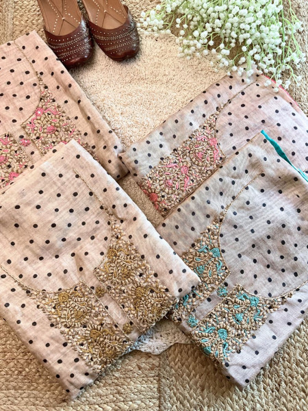 Zaira Peach Polka Dot Dress Material Set with Embroidered Neck Design