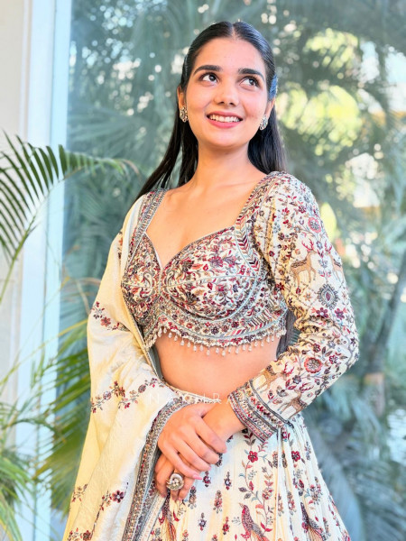 Saumya Cream Embroidered Lehenga with Sequin and Cut Dana Work