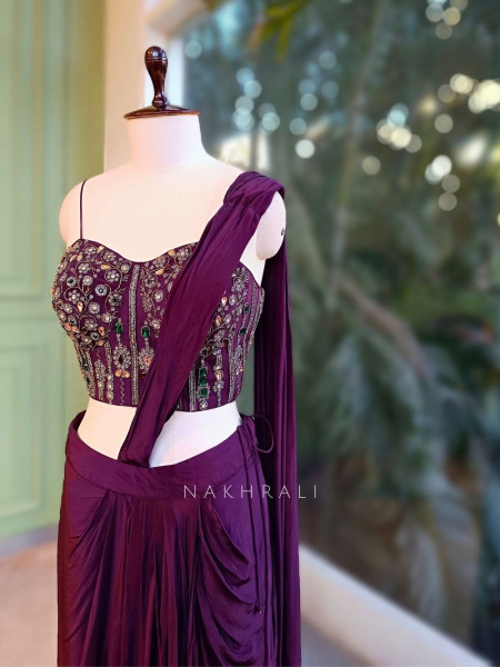 Vireya Wine Pre-Draped Saree with Embellished Blouse