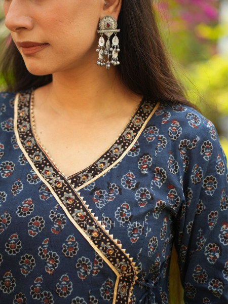 Mirza Blue Angrakha Cotton Kurta Pant Set