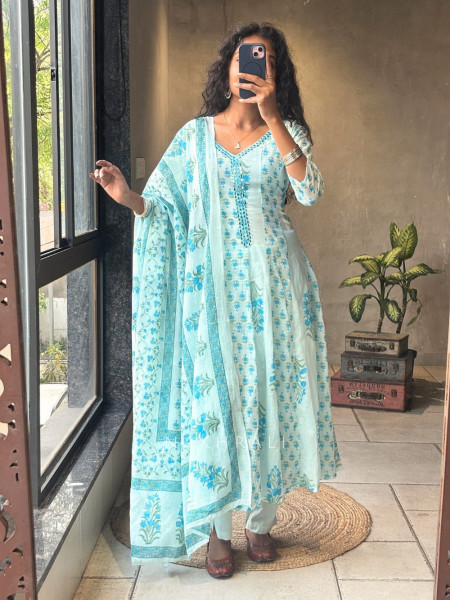 Aarika Blue Cotton Printed Kurta Set with Dupatta