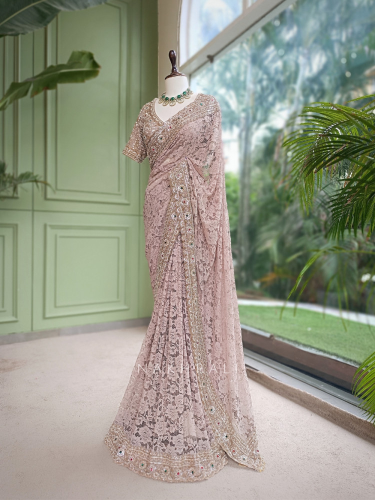 Image of Lunara Beige French Chantilly Lace Designer Saree with Readymade Blouse
