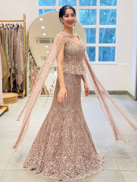 Rose Gold Lattice Cape Ensemble Fish Cut Lehenga