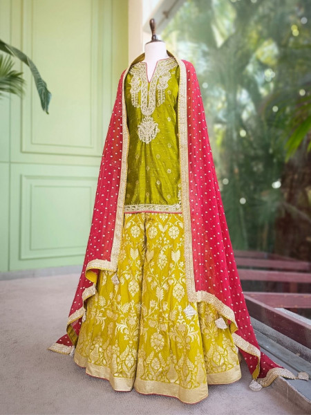 Anokhi Olive Green Zari Sequin Suit Set with Contrast Dupatta