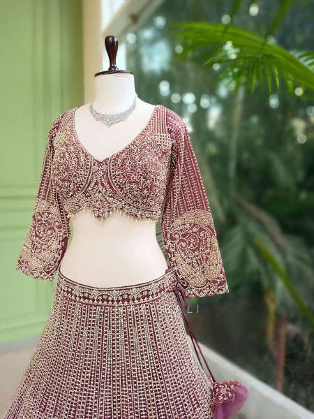 Ruvira Wine Bridal Lehenga with Zari and Sequin Work