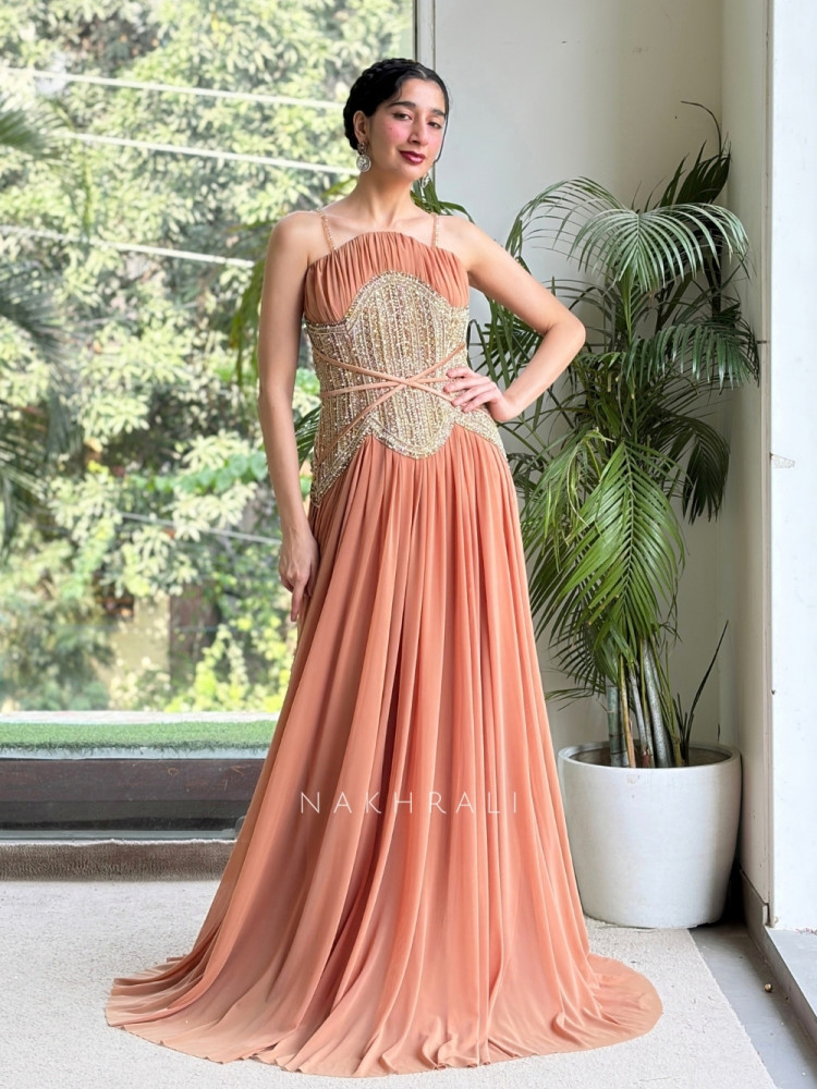 Image of Inaya Brown Pleated Chiffon Indo-Western Gown