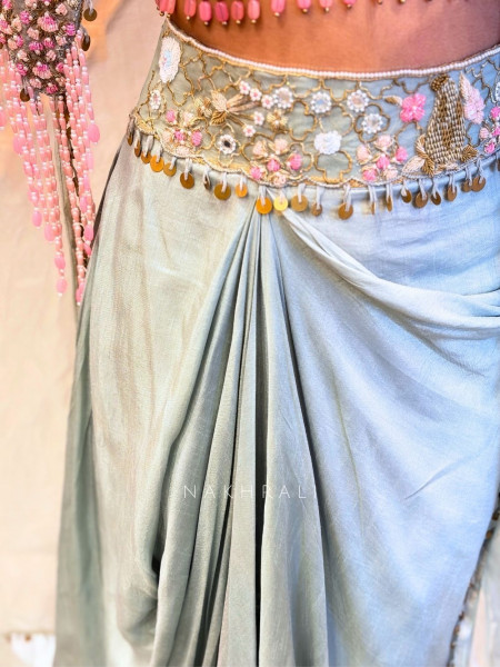 Vyomi Blue Indo Western Crop Top Skirt Set with Multicolor Embroidery