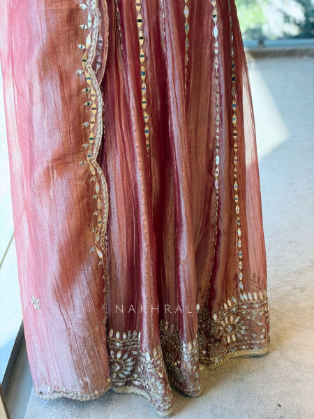 Evara Brown Tissue Anarkali Suit Set with Mirror and Gota Work