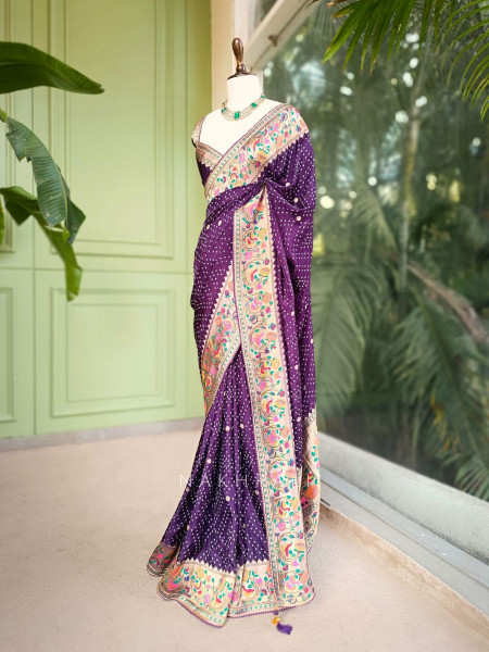 Rivaya Purple Bandhani Saree with Ornate Border