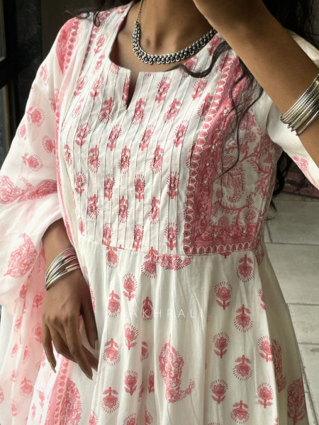 Nerith Pink Cotton Suit Set with Floral Block Print