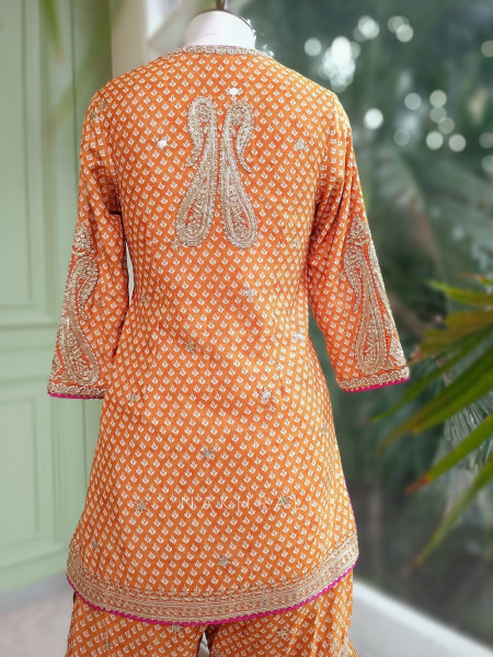 Flare Luxe Orange Gharara Set with Pearl and Sequin Work