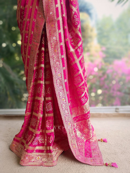 Rangriti Magenta Bandhani Saree with Gota Border