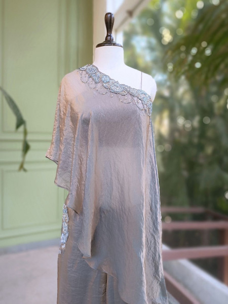 Leoria Grey Satin Indo Western Palazzo Set with Beaded Off Shoulder Top