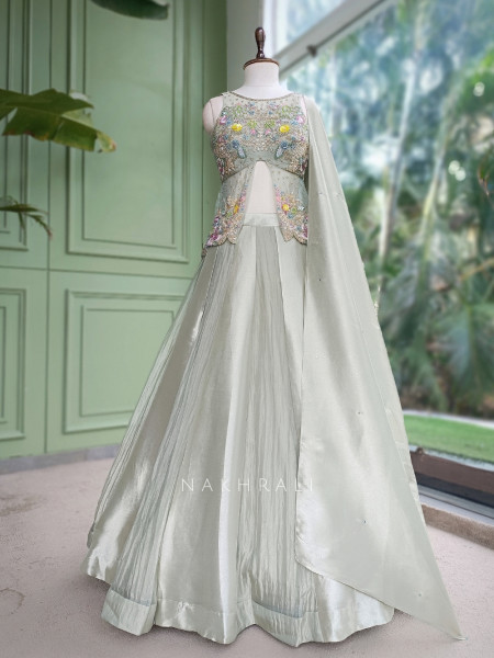 Clover Whisper Pista Green Silk & Net Indo-Western Lehenga