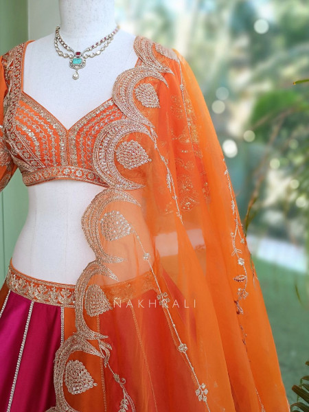 Nishika Rani Pink & Orange Silk Satin Lehenga