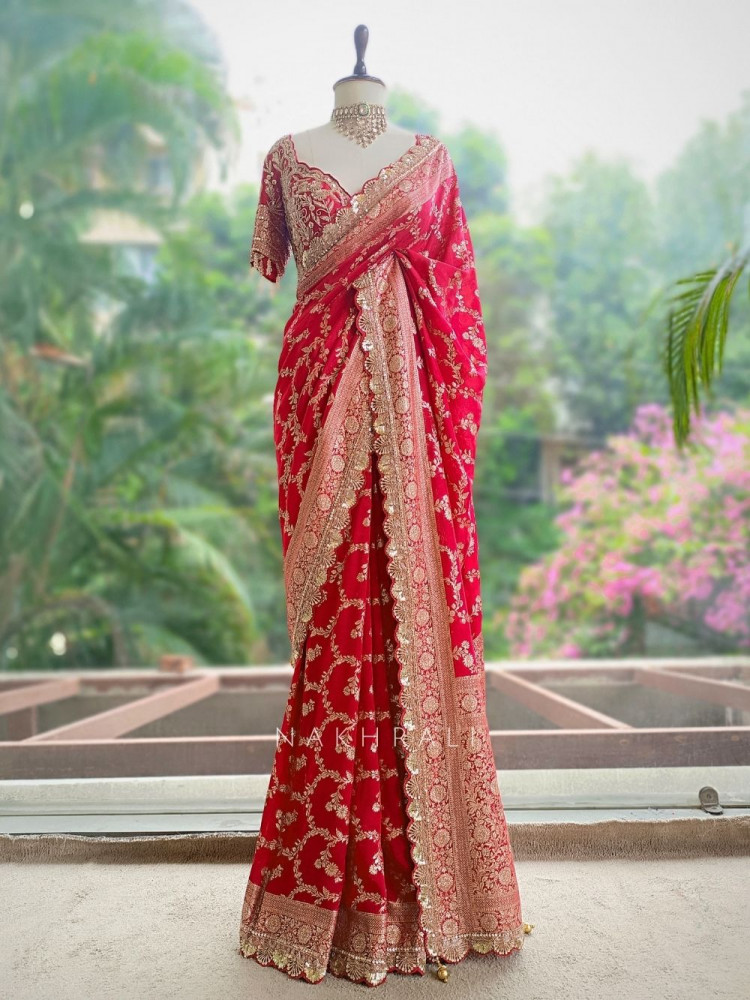 Image of Tarangini Red Banarasi Silk Blend Saree with Readymade Blouse