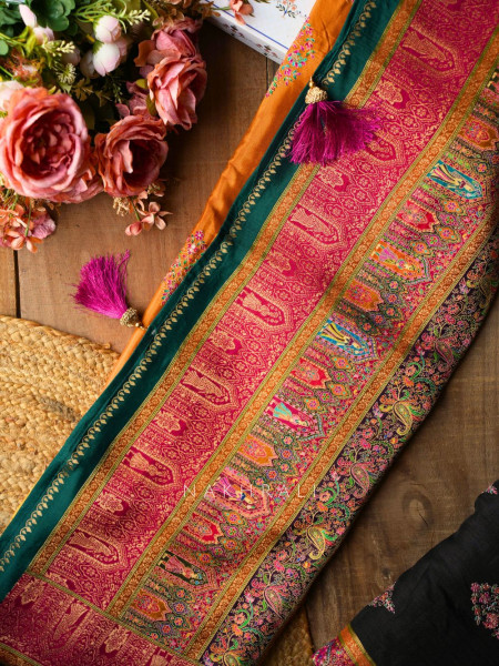 Sarovar Mustard Woven Motif Saree with Traditional Border