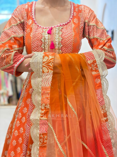 Leela Orange Anarkali Suit Set with Gota & Mirror Work
