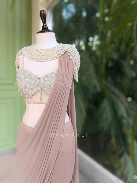 Briona Grey Drape Saree with Pearl Embellished Blouse
