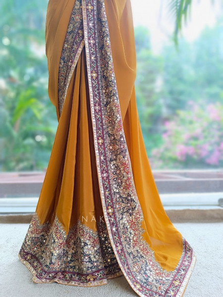 Dhara Mustard Georgette Silk Saree With Kalamkari & Cutdana Work