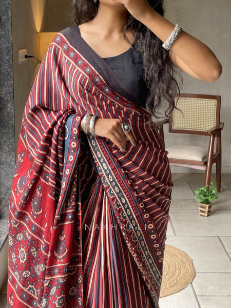 Vasudha Red Modal Silk Saree With Ajrakh Print