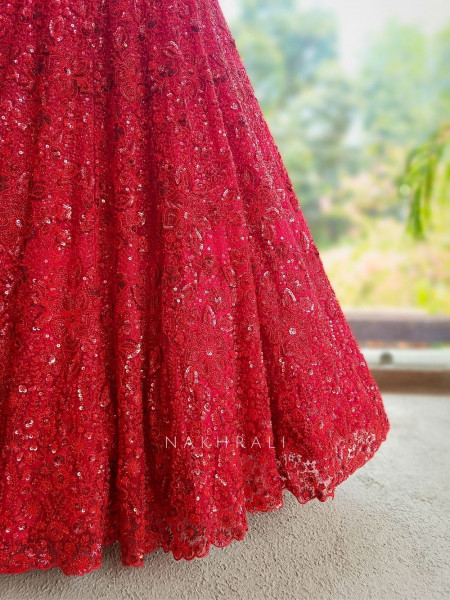 Kavika Red Net Lehenga with Sequin and Cut Dana Work