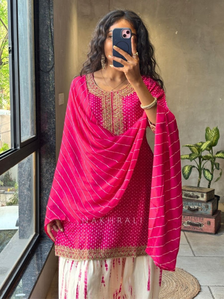 Reha Magenta Bandhej Suit Set with Golden Embroidery and Bead Work