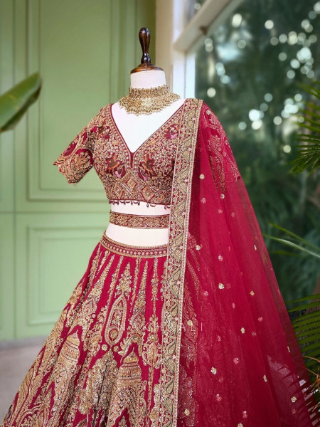 Rajvanshi Red Heritage Bridal Lehenga with Zari and Resham Work