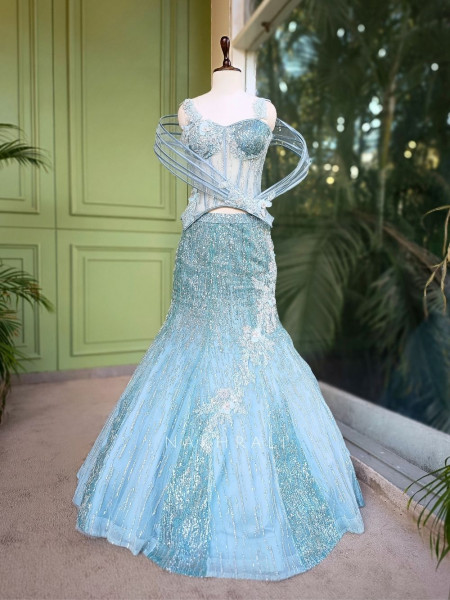 Aqualune Blue Indowestern Mermaid Skirt Set