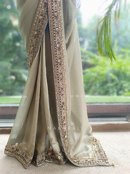 Lustre Trellis Sage Green Tissue Silk Saree with Readymade Blouse
