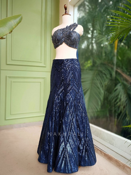 Noir Gleam Blue Sequin Crop Top Skirt Set