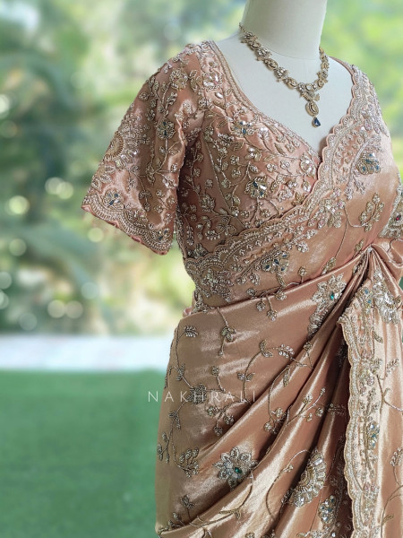 Celestine Peach Crushed Shimmer Silk Tissue & Silk Georgette Blend Saree