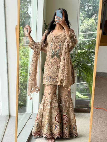 Gilded Heirloom Beige Tulle Net & Satin Silk Sharara Suit Set